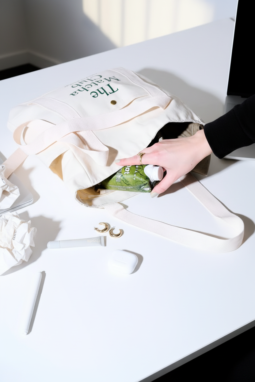 Unsere Matcha Latte Tasche aus der ein Matcha im TetraPak geholt wird. 