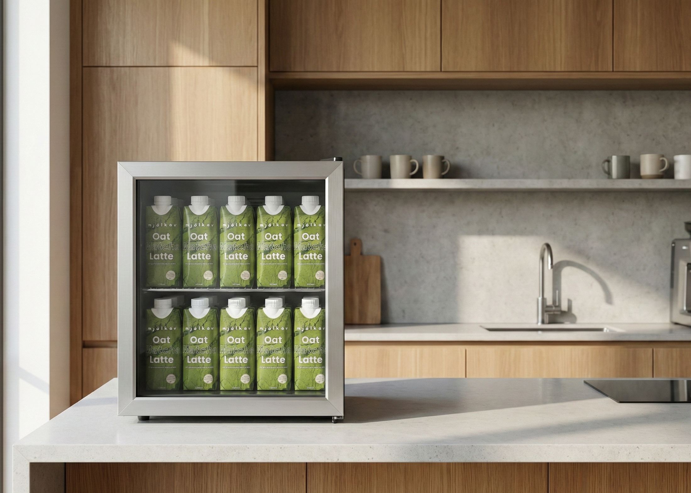 Das Bild zeigt einen Kühlschrank gefüllt mit mjoelkav Matcha Latte.