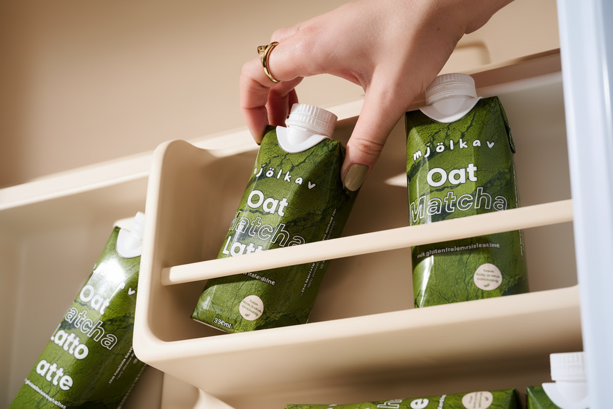 Eine Hand greift trinkfertigen Matcha Latte von mjölkav aus dem Kühlschrank.