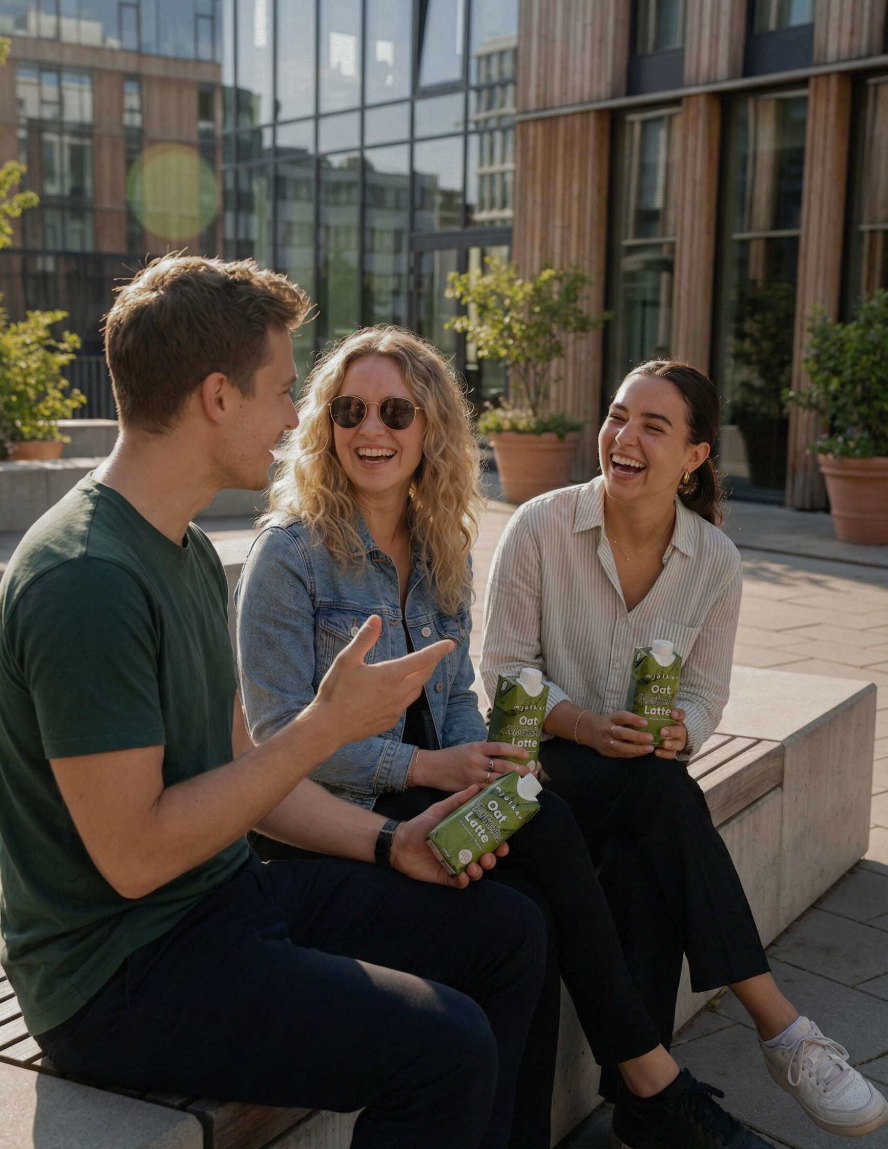 Zwei Frauen und ein Mann sitzen zusammen und lachen. Alle Personen halten den Matcha Latte von mjölkav in der Hand.